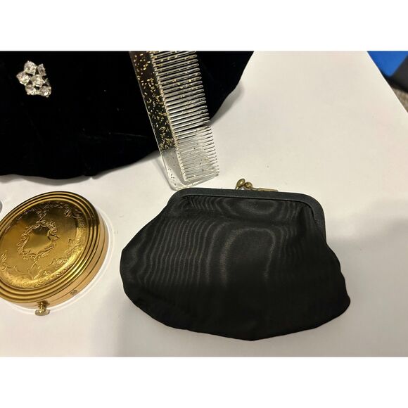 Antique Velvet Clutch Purse with Jeweled Detail and Beauty Accessories - Picture 11 of 16